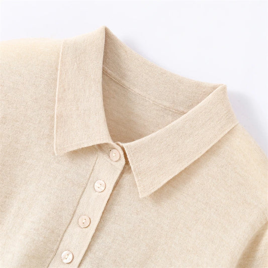 100% fine spun wool women's T-shirt summer solid knitted pullover Jumper sweater short sleeved loose Polo collar Tees Pull Tops