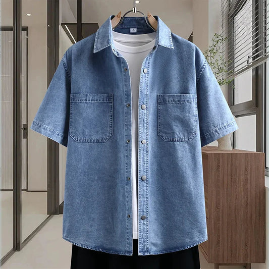 Men's Thin Denim Shirt New Summer Fashion Breathable Cotton Blend Casual Short Sleeve Shirt Solid Color Daily Commute Streetwear