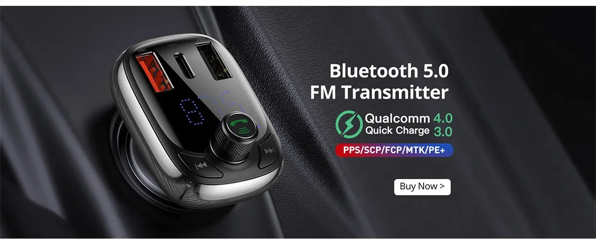 Baseus Car FM Transmitter with Bluetooth 5.0 & 3.4A Dual USB Charger - MP3 Player, Radio, Hands-Free Calling Adapter