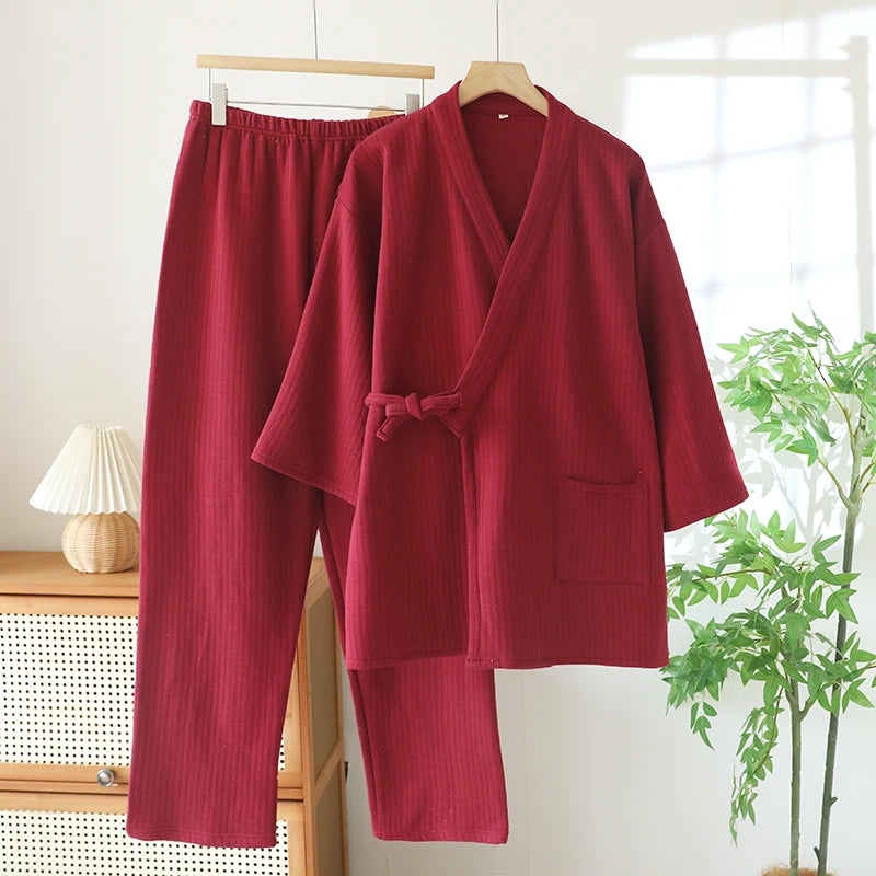 Thickened Cotton Kimono Style Men's Sleepwear Air Layer Home Clothes Autumn Winter Home Stay Air Conditioned Room Unisex