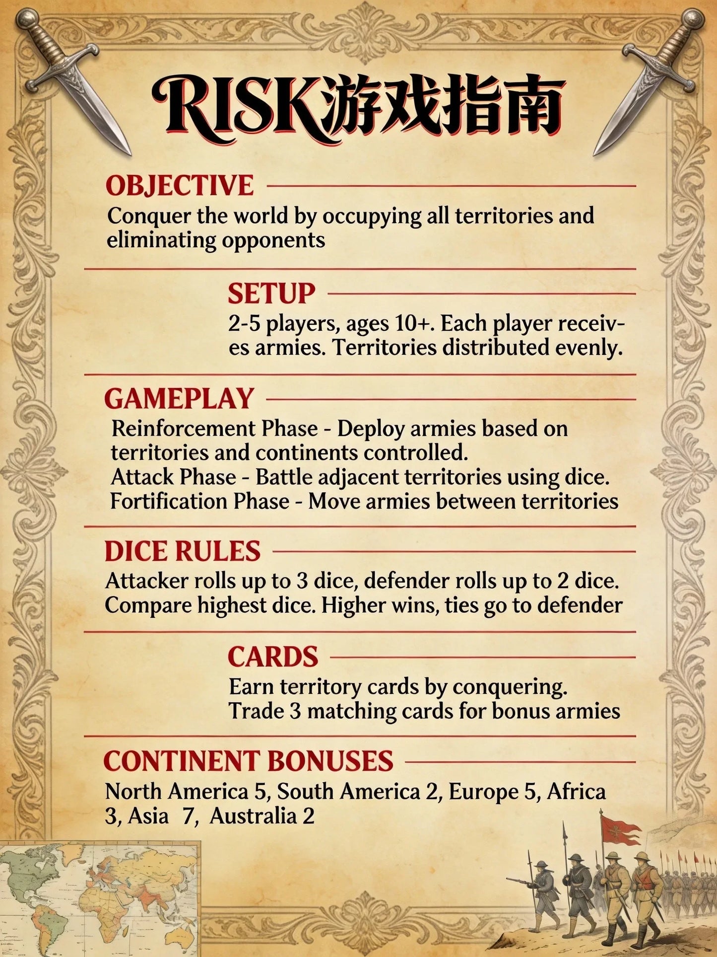 French Risk Strategy Board Game Classic World Conquest Game 2-5 Players Ages 10+ Premium Components Vintage Design