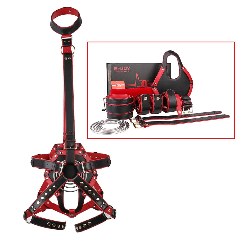 ANOSX Leather Control Harness Body Bondage Belt Kit Restraint Straps Neck To Thigh Strap Collor With Cock Ring Strap On Belts