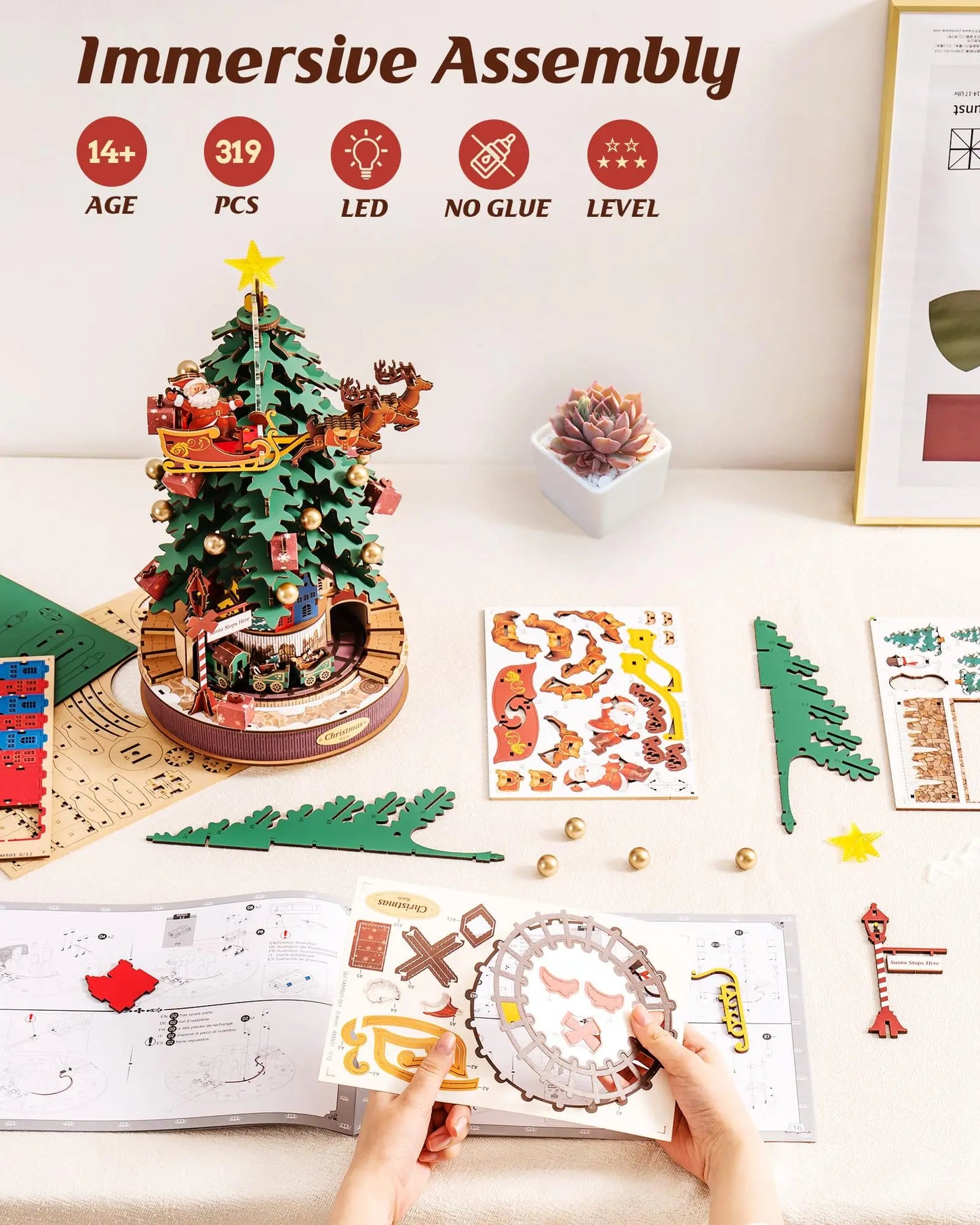 Robotime Rolife Christmas Melody Tree Music Boxes 3D Wooden Puzzle with Light Perfect Gifts for Family Easy Assemble Toys