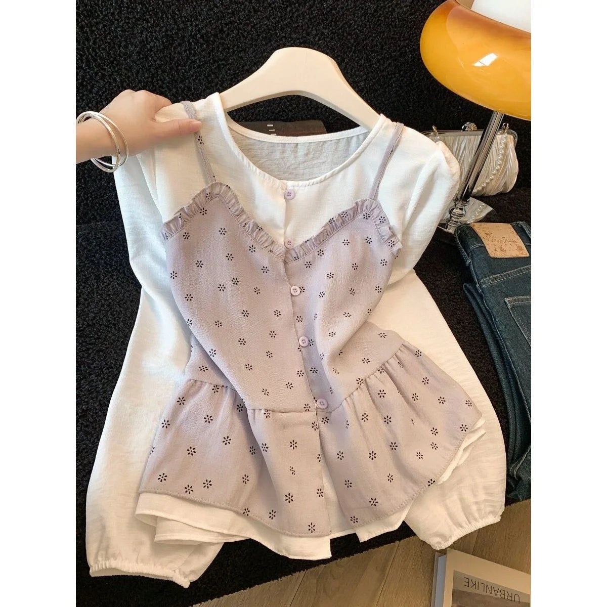 Floral round Neck Shirt Women's 2026 New Spring Design Color Block Fake Two-Piece Layering Long Sleeve Top Polyester Fiber