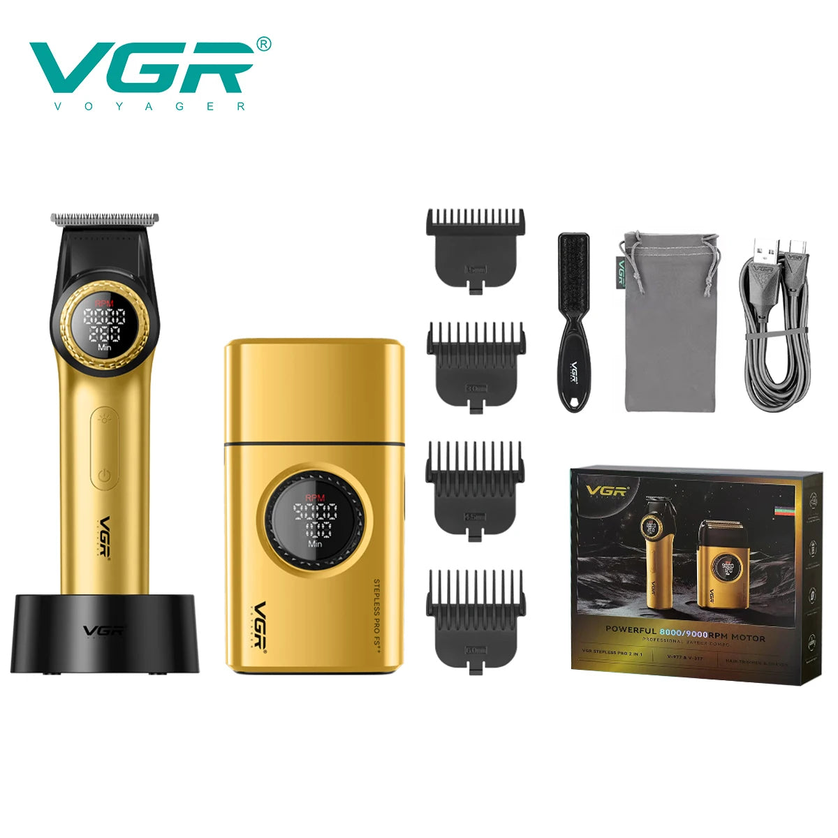 VGR V-977&377 high-end hair trimming two-piece set professional electric push shear men's LED intelligent digital men's shaver