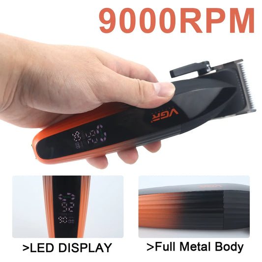 VGR V-889C Professional Hair Clipper Fade DLC Blade 9000RPM 2 Speeds Cordless with Base Charger Full Metal LCD Haircut Machine