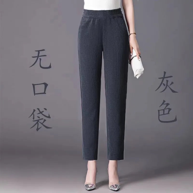 plus Size Flared Pants for Women Autumn Winter Fce Lined Casual High Waist Nine Points ket Pants for Middle-Aged Mothers