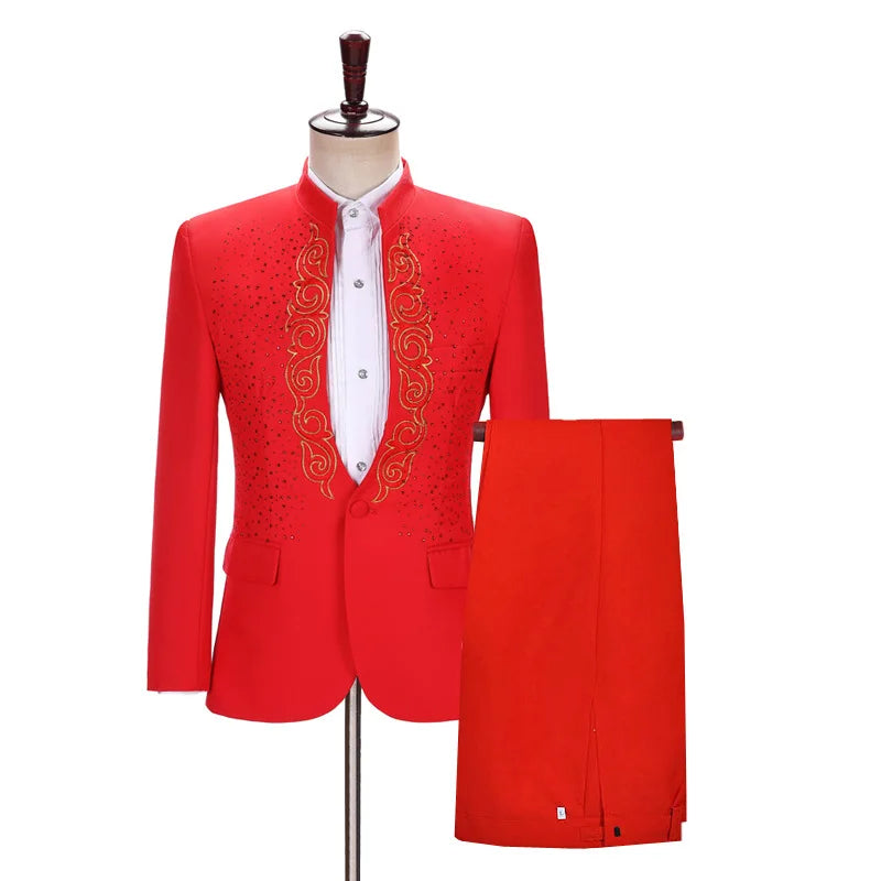 Mens Stamping Flower Suit Stand Collar Blazer Outfit Stage Performance Party Formal Wear