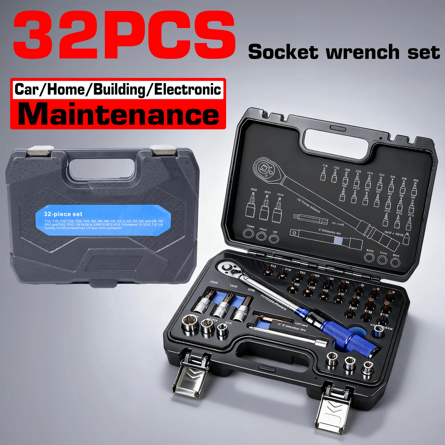 Iron-Strong! Durable 32-Piece Multifunctional Ratchet Socket Tool Box Set, All-In-One Socket Ratchet Wrench Set, Universal Tool Box for Auto Repair and Home Maintenance