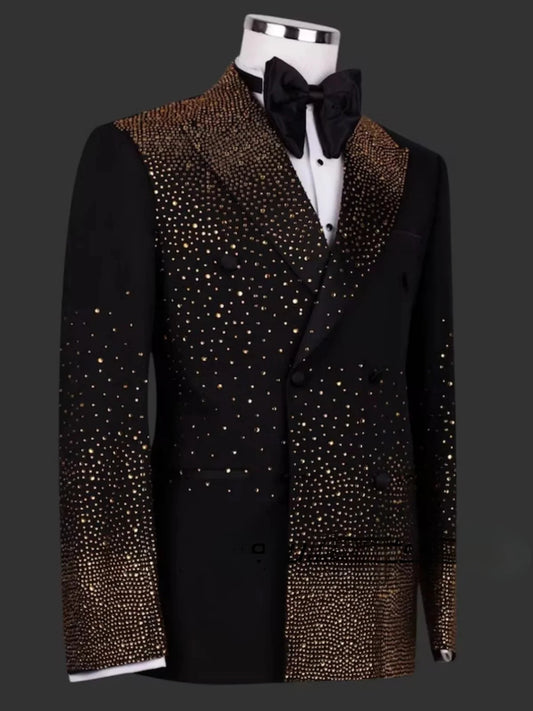 Elegant Men 2 Pieces Sets Suits Golden Beads Slim Fit Lapel Customized Groom Party Tuxedos Fashion Costumes Homme