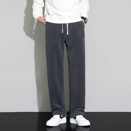 Winter Velvet Lining Trousers Men Outdoor Jogger Sweatpants Neutral Solid Color Baggy Thickened Winter Fleece Loose Cargo Pants