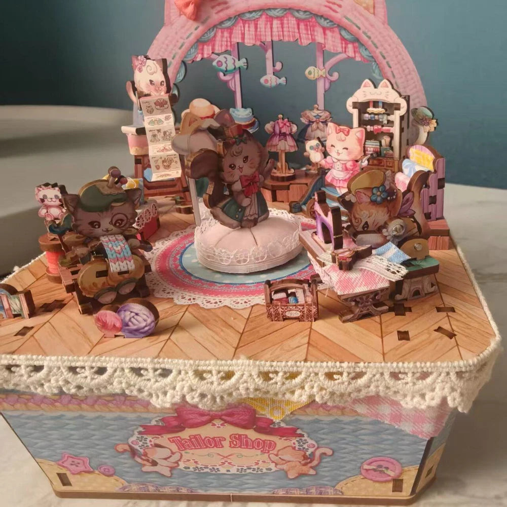Tonecheer Cat jailor Shop Music Box Wooden Puzzle Building Blocks Diorama Model Kit 3D Wooden Gift Toy Dollhouse Decoration