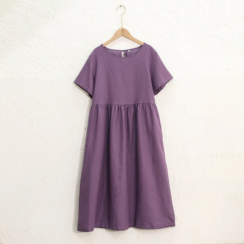Summer Cotton Linen Women Dresses Vintage Short Sleeve Casual Loose Back Bandage Harajuku Party Club Dress With Pockets