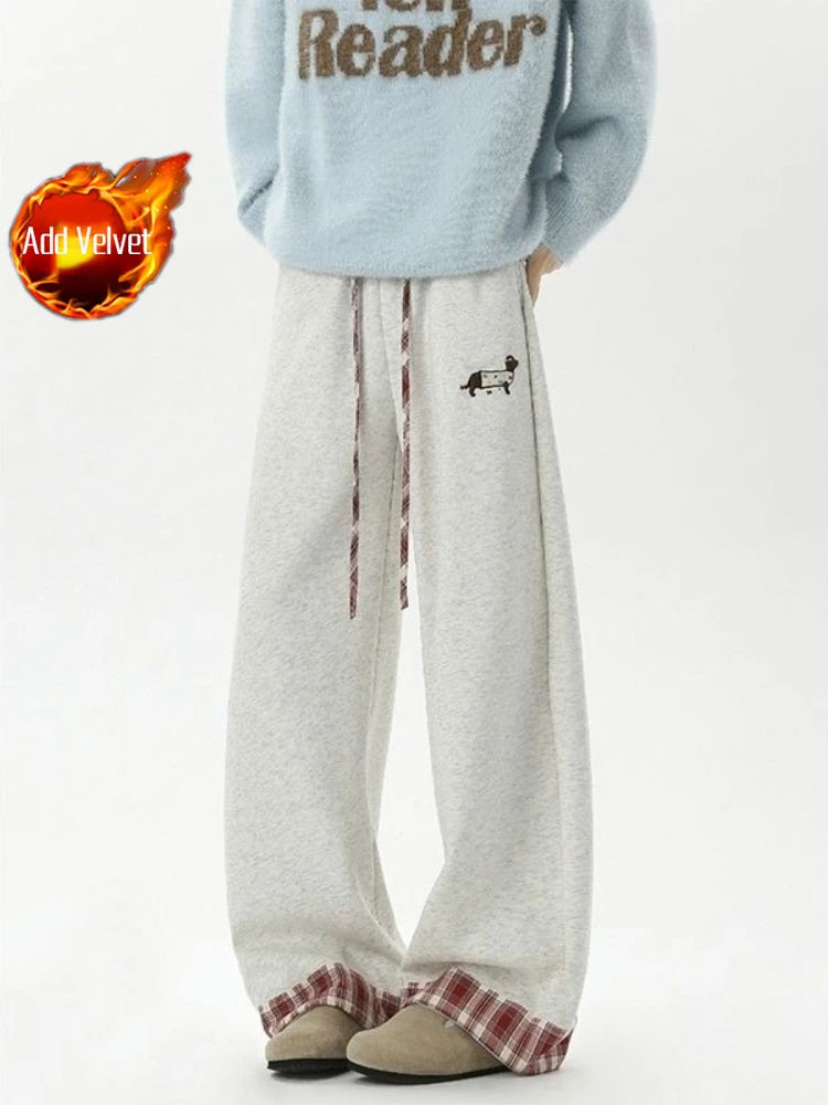 Trendy Plaid Cuffed Joggers for Men Women Thick Warm Fleece Lining Loose Straight Leg Casual Cotton Pants Comfy Daily Wear