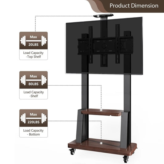 Movable Rolling Floor TV Stand with Shelf Locking Wheel, Mobile TV Cart for 32"-75" Screens, Height Adjustable VESA 600x400mm