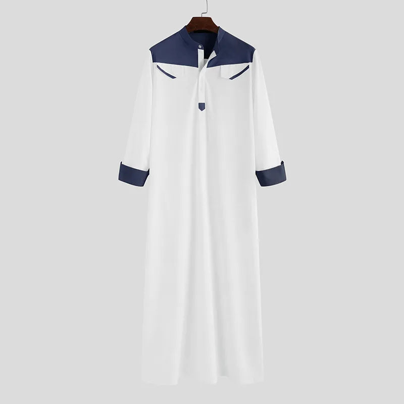 Spring Autumn Loose Muslim Standing Collar One-piece Patchwork Men's Long Robe Breathable And Skin Friendly Solid Color