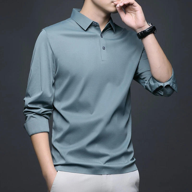 New Long-sleeved POLO Men Can Be Stretched for Business Leisure in Solid Colors, Suitable for Daily Commuting T-shirts.M-4XL