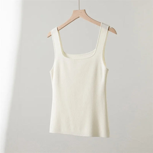 100% Superfine Merino Wool French Square-Neck Knit Camisole for Women, Slim Fit, Elegant, Versatile, Thin, Suitable for Work and Casual Wear