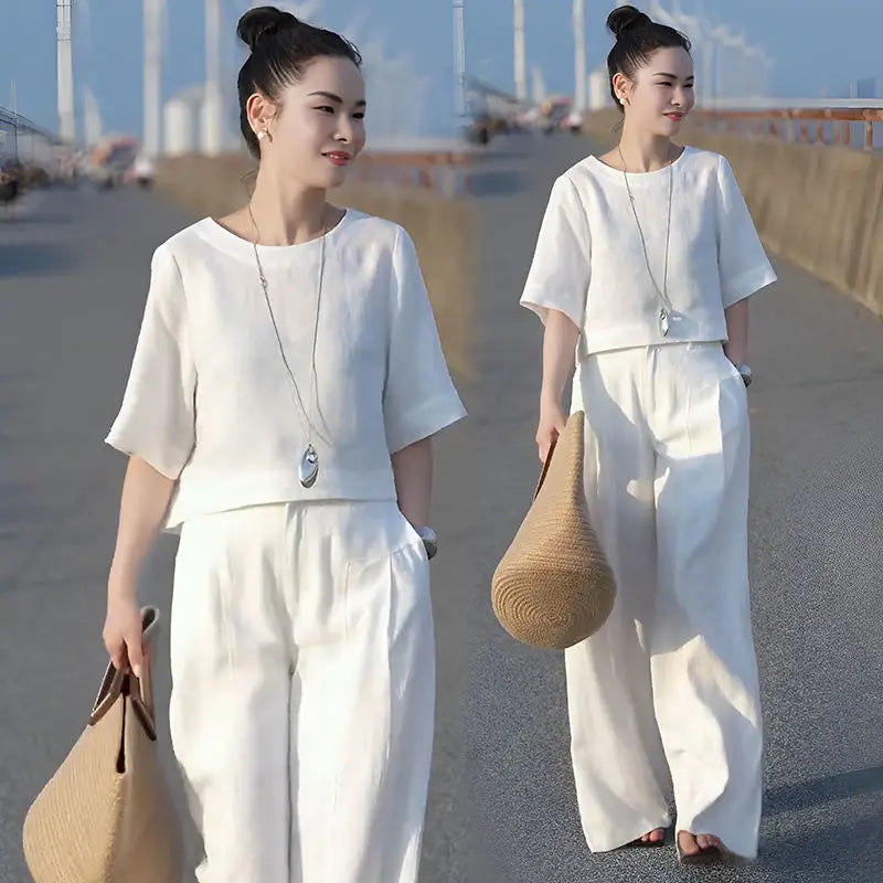 Elegant Fashionable Linen Wide Leg Pants Set Women's Summer New Design Unique Two Piece Suit Casual Commute Style round Neck