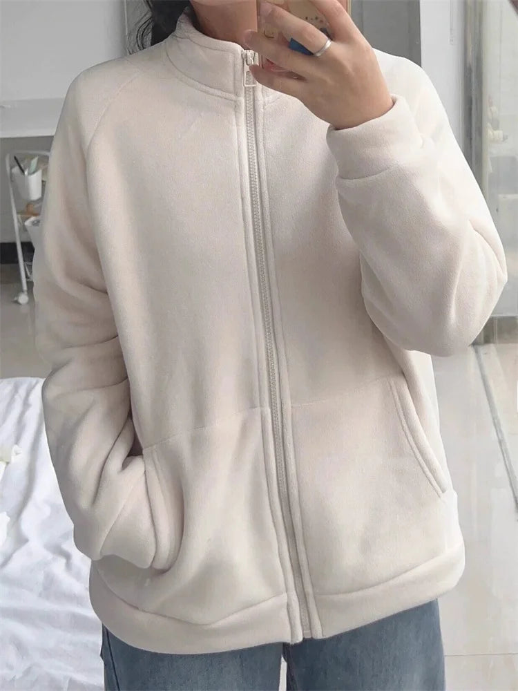Thickened Fleece Women's Open Cardigan Long Sleeve Sweatshirt Lazy Style Loose Fit Warm Stand Collar Autumn Winter Outerwear