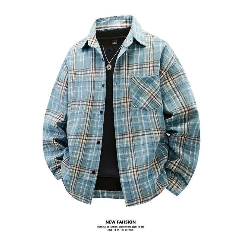 Japanese Style Plaid Long Sleeve Cotton Shirt Men's Retro Autumn Spring Outerwear Casual Loose Fit Print Shirt for Youth