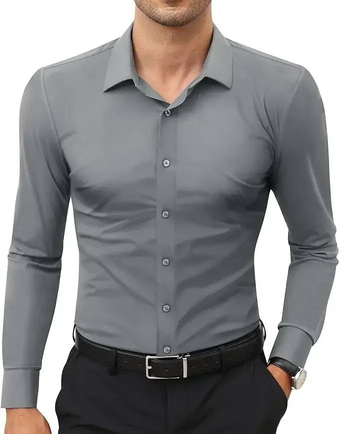 50-130KG non-ironing four-sided elastic men's shirt fashion business dress casual men's long-sleeved solid color shirt