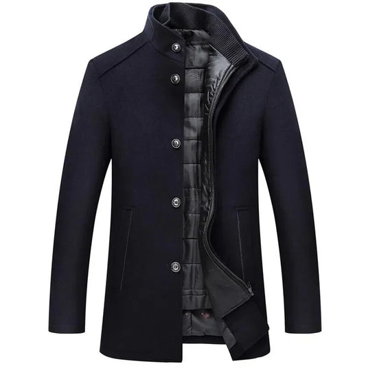 2026 Men Winter Windbreaker Long Thick Wool Jackets Abrigo Hombre Man Stand Collar Single Breasted with Vest Woolen Coats