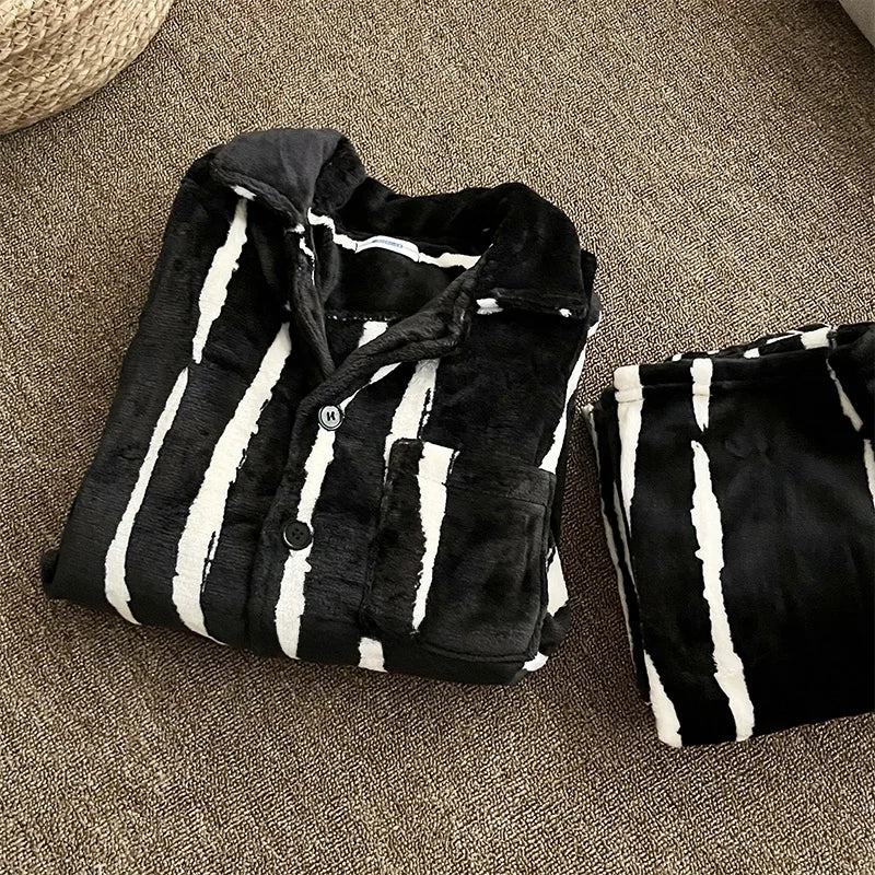 Men's Coral Fce Pajamas Set Thiened Warm Loose Striped Home Clothes Comfortable Breathable All Seasons Spwear