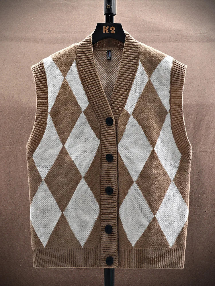 Autumn Winter Men Casual Checkerboard Comfortable Versatile Breathable Warm Vest Cardigan New Men Sports Leisure Warm Knit Vest