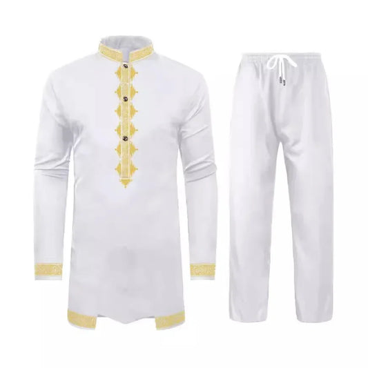 LIBIELIY New Black White Men's Suit African Ethnic Style Long Sleeve Embroidered Suit Men's Traditional Clothing 2 Pieces Luxury