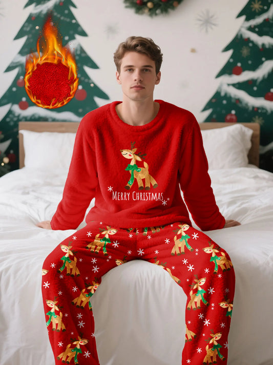 Men's Christmas-themed fleece pajama set, featuring a long-sleeve top and matching pants, comfortable and casual loungewear