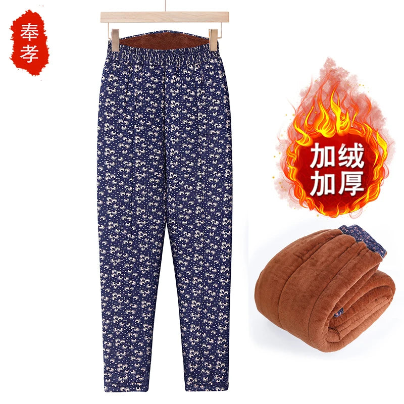 Thickened Camel down Women's Pants Autumn Winter Warm Long Trousers Fashionable Loose Fit Elderly Ladies Fashion Bamboo Leaf