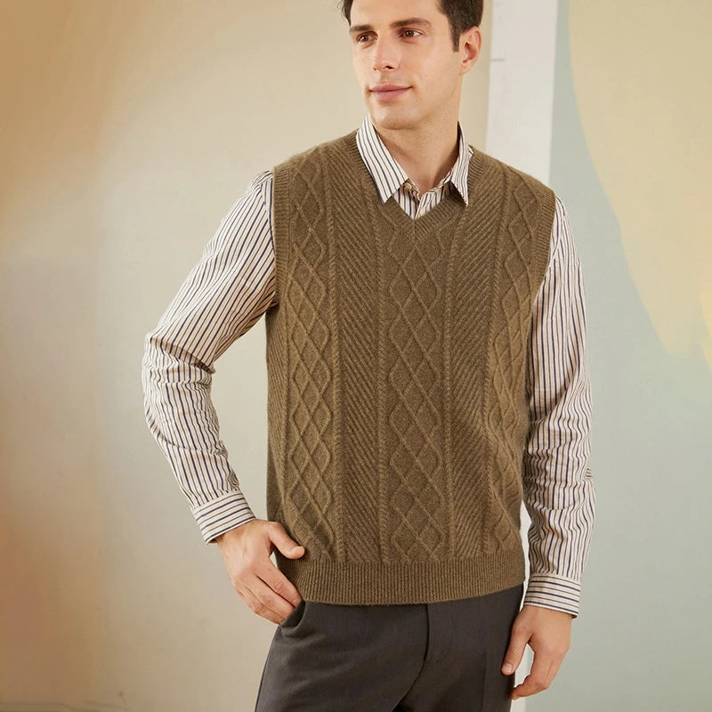 100% pure cashmere sweater men's vest vest V-neck autumn and winter knit loose twisted flower sleeveless thick sweater vest
