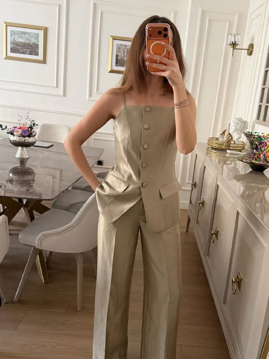HH Woman Slim Single-breasted Sleeveless Tube Top Vest+Spring Elegant Pockets High Waist Straight Leg Pants Solid 2 Piece Set