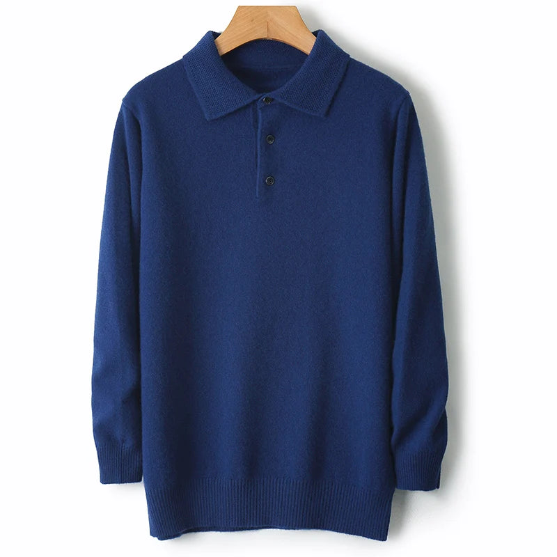 Autumn And Winter 100% Pure Wool Men's Polo Lapel Sweater Loose Large Size Casual Knit Bottoming Shirt