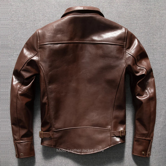 Men's Uncoated Oil Wax Thick First Layer Goatskin Leather Jacket, Short Tailcoat Genuine Leather Biker Coat for Autumn Winter