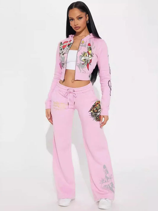 Elegant Fashionable Printed Long Sleeve Ladies Set Autumn Winter High Quality Comfortable Material Sweet Style Zipper Closure