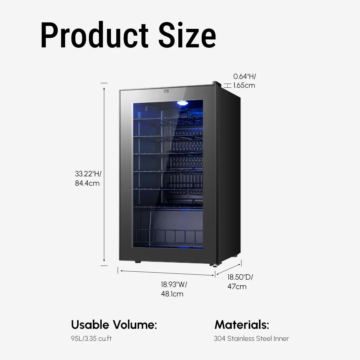 34 Bottle Single Zone Compressor Wine Cooler, Freestanding Wine Refrigerator Digital Touch Control 37-65°F Blue Interior Light Wine Storage Cabinet for Home Bar