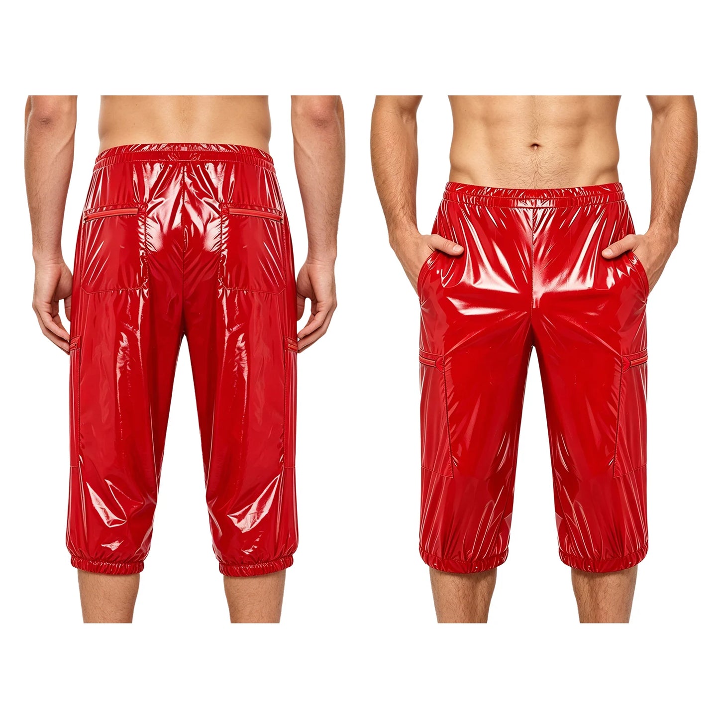 Men Oil Glossy Cargo Shorts Waterproof Elastic Waist Band Multi-pocket Zipper Overalls Capri Pants Dance Clubwear Beach Swimwear
