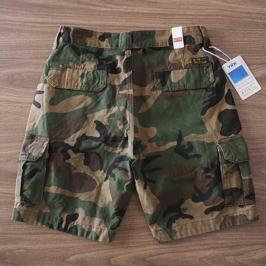 Summer New American Retro Camouflage Multi-pocket Casual Cargo Shorts Men's 100% Cotton Washed Youth Sports Knee Length Pants
