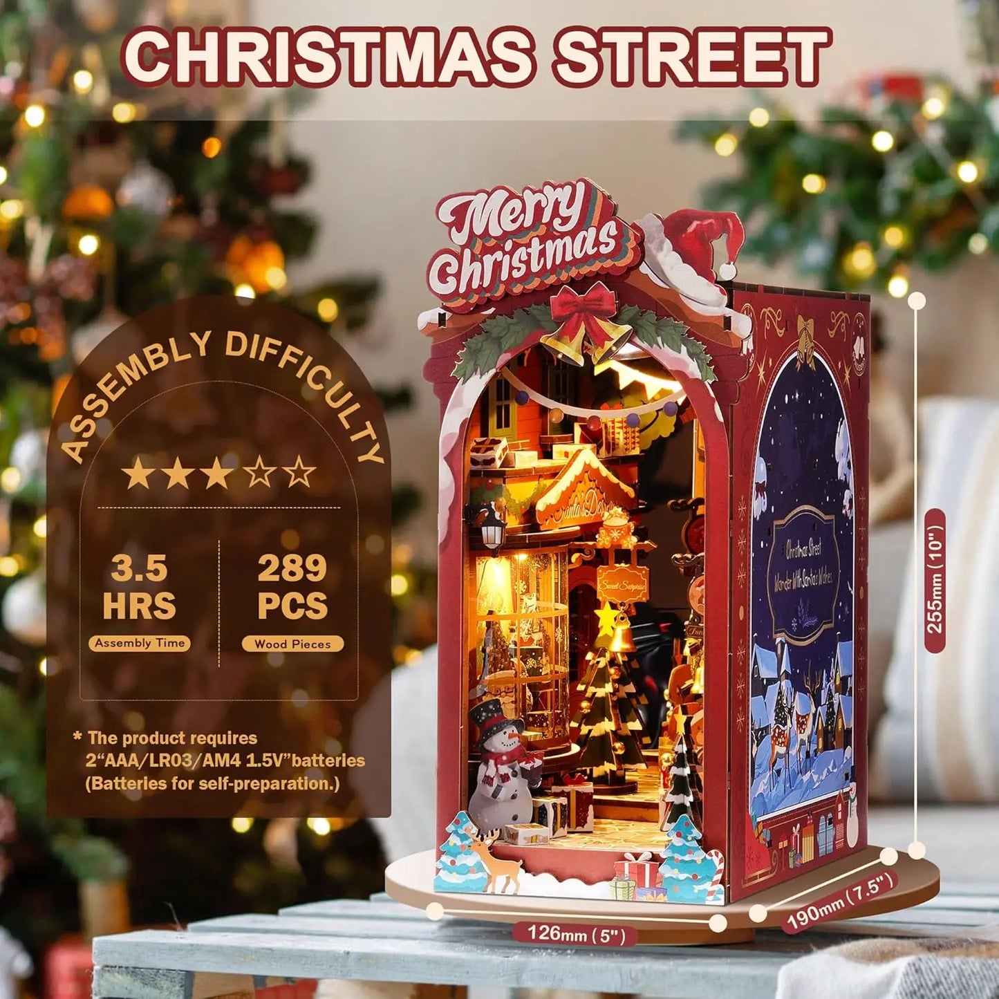 Rolife Book Nook Kit DIY Miniature Dolls House Kit 3D Wooden Puzzle Decoration Gift with LED Lights Christmas Street and House