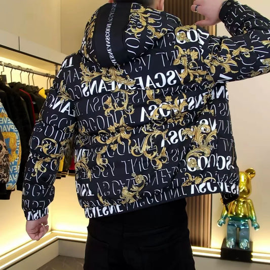Eur Style Winter New Men's Woven Print Hooded Zipper down Jacket Fashion Slim Fit Men's Personality Top Youth Style