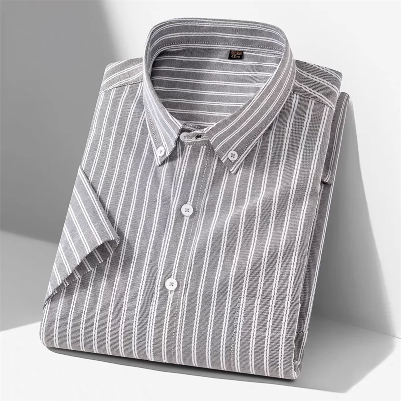 New 100% Cotton Men's Oxford Shirts Short Sleeve Summer Stripe Casual Formal Dress Social Regular Fit White Fashion Clothes 5XL