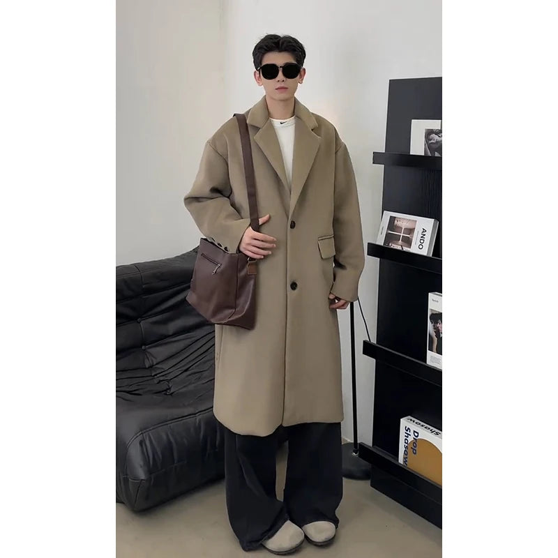 Thickened Mid-Length Woolen Men's Coat Black Intellectual Style Korean British Fashion Winter Outerwear Warm Long Sleeve Coat