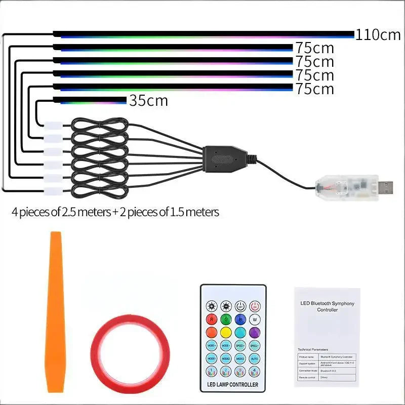 1/6/10 in 1Car LED Ambient Light Strip Acrylic Neon Interior Atmosphere Lamp with APP/Remote Control for Car Interior Dashboard