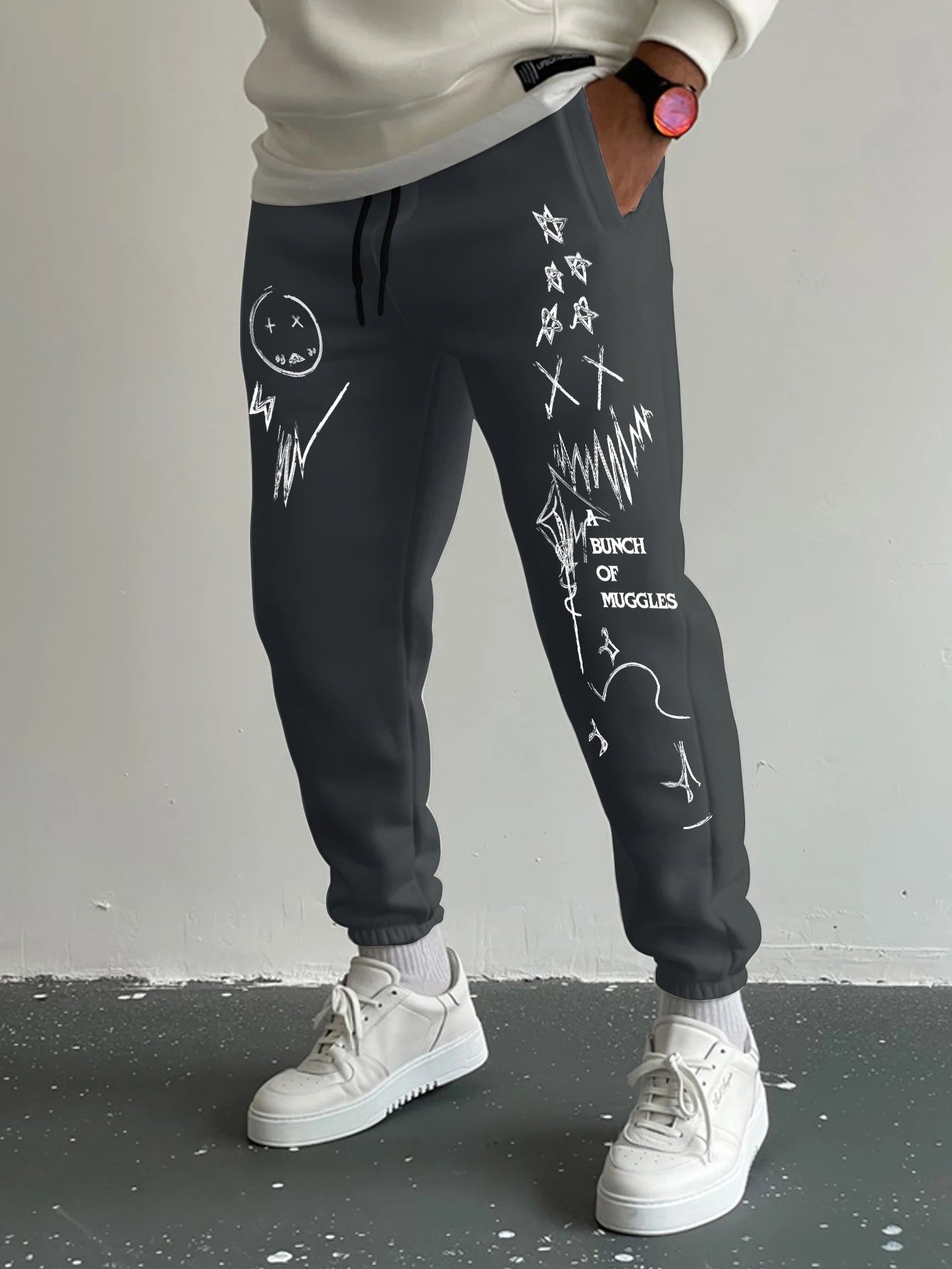 Men's Gothic Jagged Metal Font Cross Wing Las Vegas Print Sweatpants Elastic Waist Soft Dark Punk Street Hip Hop Joggers