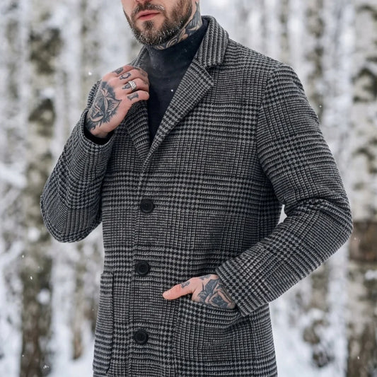 New Winter Men's Trench Coat with Houndstooth Pattern Thickened Lining Windproof Design | Business-Ready Warm Outerwear for Men