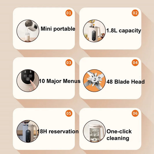 1800ml Soy Milk Machine 18h Appointment Filter-free Wall Breaking Machine Mixer Portable Electric Juicer Cup Multifunctional
