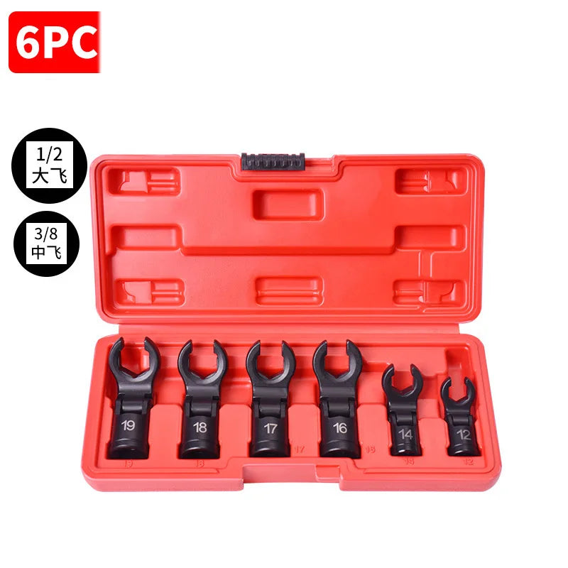 6 Pcs 12mm-19 mm Long Flex Head Crows Foot Line Wrench Set 3/8" Drive Injector Fuel Line Crowfoot Flare Nut Socket Wrench