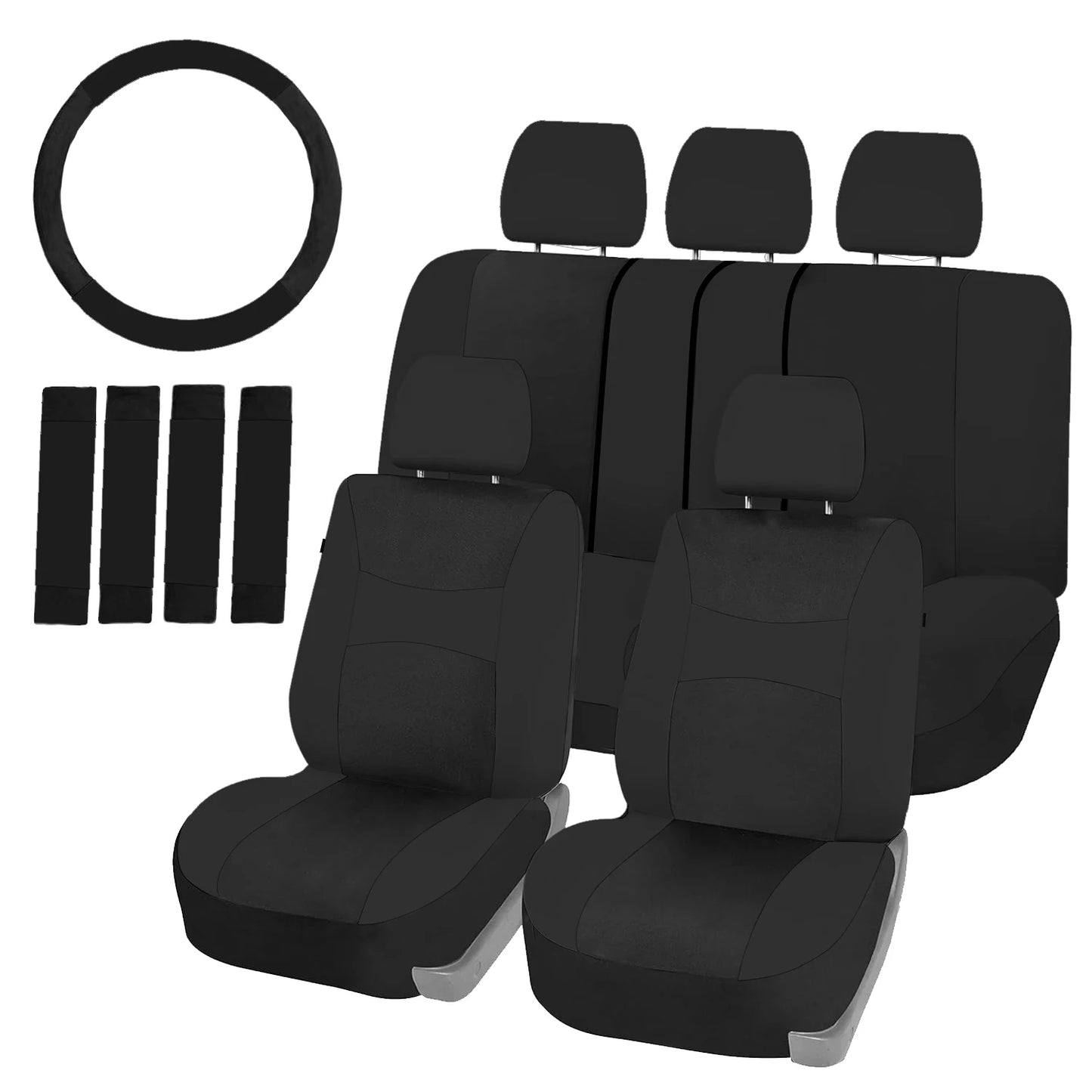 AUTOKING Universal Car Seat Covers Set Breathable Polyester Front Rear Covers with Steering Wheel & Seatbelt Pads Fits Most Car
